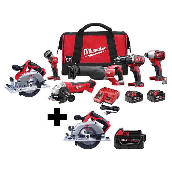 Milwaukee Tool Combo Kit, Circular Saw and Battery, 18 V, Drive Size 1/2 in - 2696-26, 2630-20, 48-11-1850