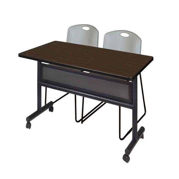 Regency Kobe Flip-Top Privacy Nesting Table W/ 2 Zeng Stack Chairs, 48 in W, 30 in L, Neo Walnut - MKFTM4830NW44GY