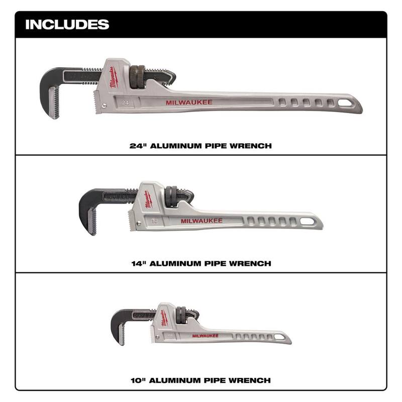Milwaukee 24 in. Aluminum Pipe Wrench, 14 in. Aluminum Pipe Wrench, and 10 in. Aluminum Pipe Wrench - 48-22-7214-48-22-7224-48-22-7210
