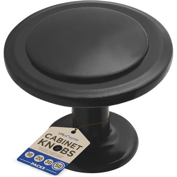 Lifemaster Kitchen Cabinet Knobs, 1/4 Inch, Modern Zinc Alloy, Adjustable Screws, Black, 50PK - LMKNBBLK50