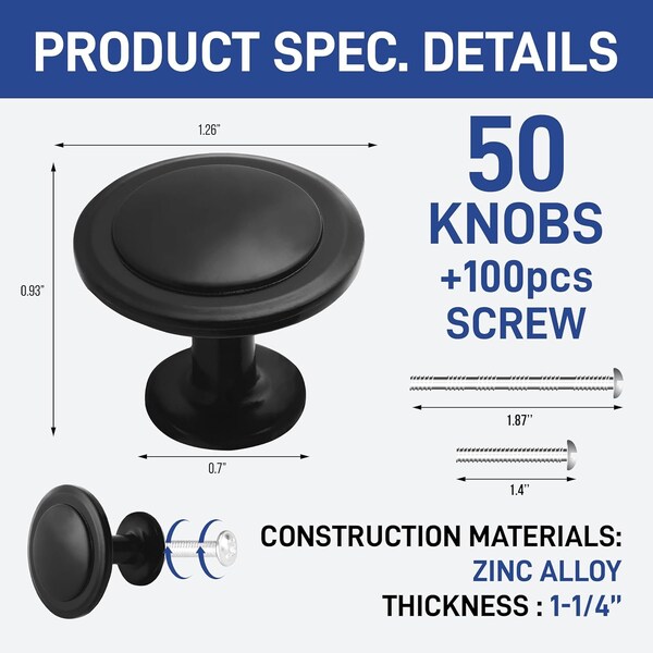 Lifemaster Kitchen Cabinet Knobs, 1/4 Inch, Modern Zinc Alloy, Adjustable Screws, Black, 50PK - LMKNBBLK50