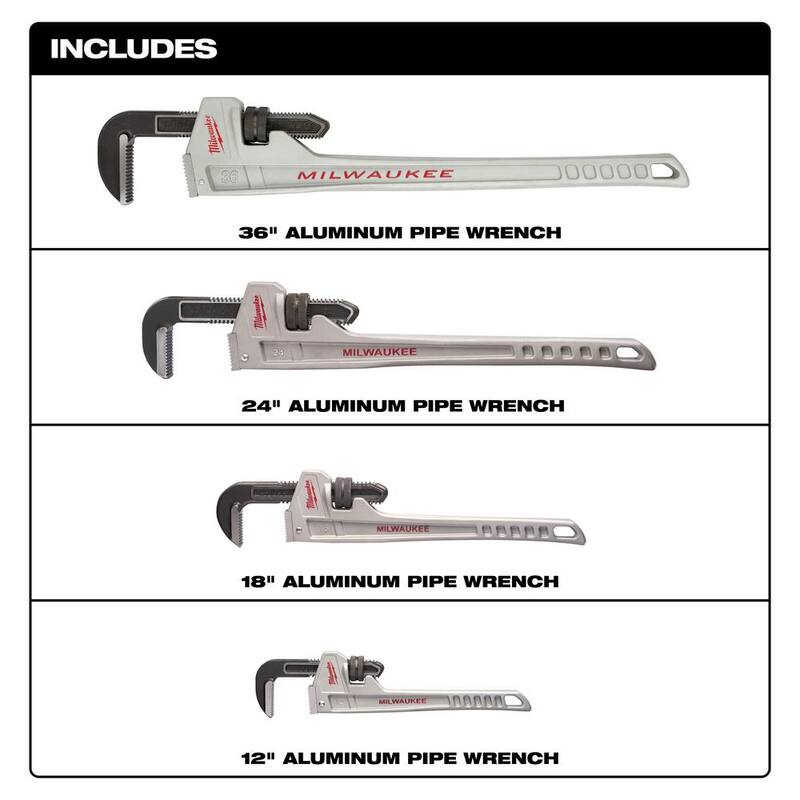 Milwaukee 36 in. Aluminum Pipe Wrench, 24 in. Aluminum Pipe Wrench, 18 in. Aluminum Pipe Wrench, and 12 in. Aluminum Pipe Wrench - 48-22-7224-48-22-7236-48-22-7218-48-22-2