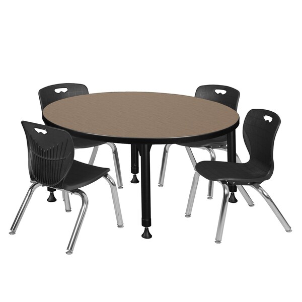 Regency Round Kee Adjustable Classroom Table W/ 4 Andy Stack Chairs, 36 in W, 36 in L, Noble Oak - TB36RNDNOAPBK45BK