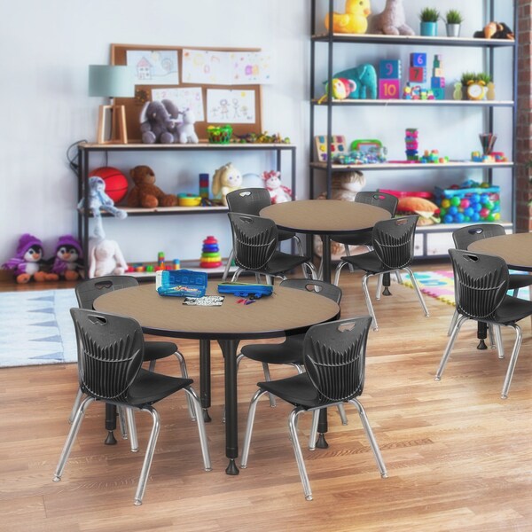 Regency Round Kee Adjustable Classroom Table W/ 4 Andy Stack Chairs, 36 in W, 36 in L, Noble Oak - TB36RNDNOAPBK45BK