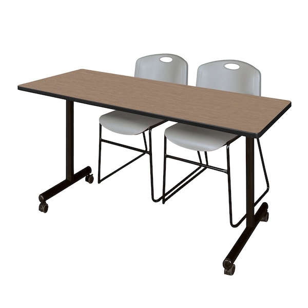 Regency Kobe Mobile T-Base Training Table W/ 2 Zeng Stack Chairs, 66 in W, 24 in L, Noble Oak - MKTRCC6624NO44GY
