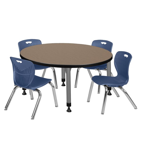 Regency Round Kee Adjustable Classroom Table W/ 4 Andy Stack Chairs, 42 in W, 42 in L, Noble Oak - TB42RNDNOAPGY45NV
