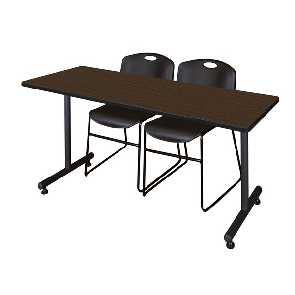Regency Kobe T-Base Training Seminar Table W/ 2 Zeng Stack Chairs, 72 in W, 24 in L, Neo Walnut - MKTRCT7224NW44BK