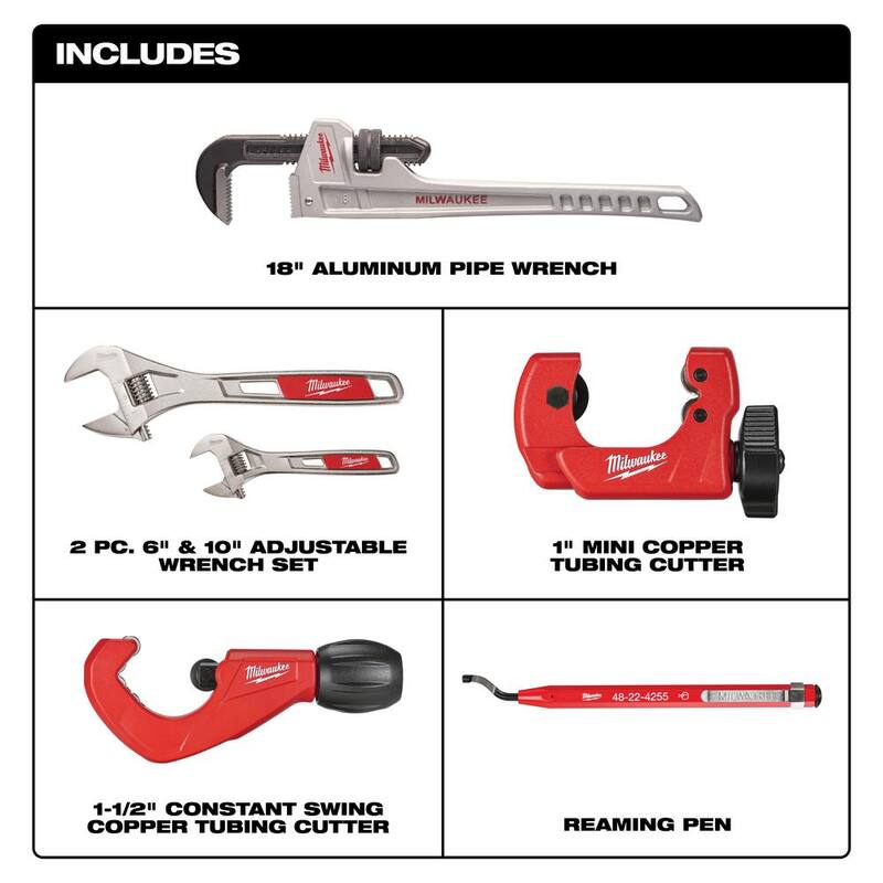 Juego de herramientas manuales para plomeros de Milwaukee de 18 pulgadas (6 piezas) - 48-22-7218-48-22-7400-48-22-4252-48-22-4