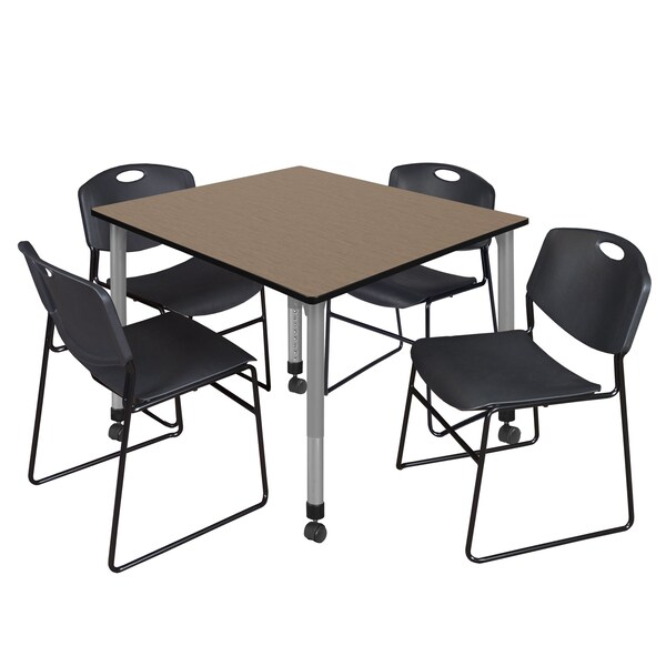 Regency Square Kee Mobile Adjustable Classroom Table W/ 4 Zeng Stack Chairs, 48 in W, 48 in L, Noble Oak - TB4848NOAPCGY44BK