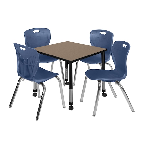 Regency Square Kee Mobile Adjustable Classroom Table W/ 4 Andy Chairs, 30 in W, 30 in L, Noble Oak - TB3030NOAPCBK40NV