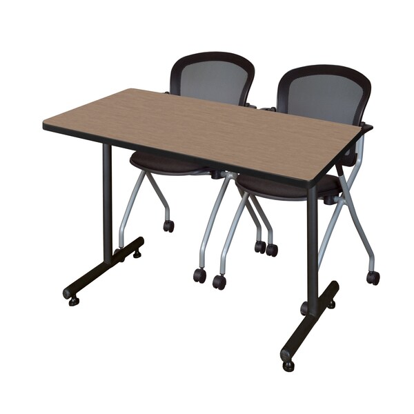 Regency Kobe T-Base Training Seminar Table W/ 2 Cadence Stack Chairs, 48 in W, 30 in L, Noble Oak - MKTRCT4830NO23BK
