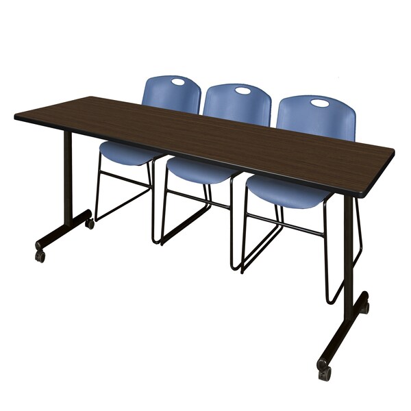 Regency Kobe Mobile T-Base Training Table W/ 2 Zeng Stack Chairs, 84 in W, 24 in L, Neo Walnut - MKTRCC8424NW44BE