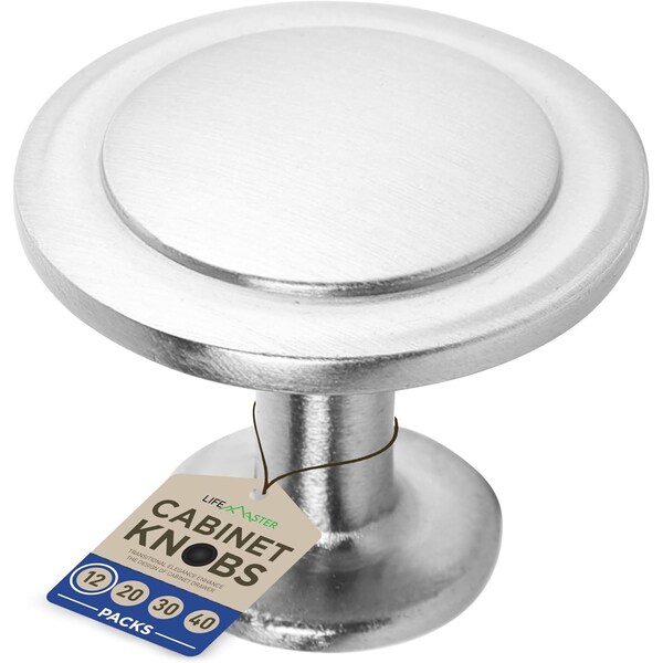 Lifemaster 1-1/4in Cabinet Knobs, Brushed Nickel, Rust-Proof Zinc Alloy, Easy Installation, 12PK - LMKNBNICK12