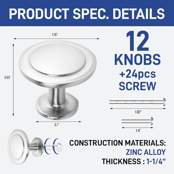 Lifemaster 1-1/4in Cabinet Knobs, Brushed Nickel, Rust-Proof Zinc Alloy, Easy Installation, 12PK - LMKNBNICK12