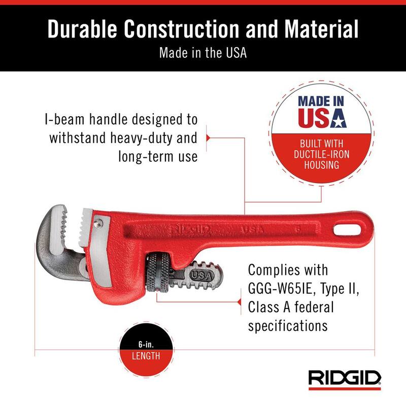 Llave de tubo recta RIDGID de 6 pulgadas para plomería pesada, herramienta resistente para tuberías con roscas autolimpiantes y mordazas de gancho - 31000