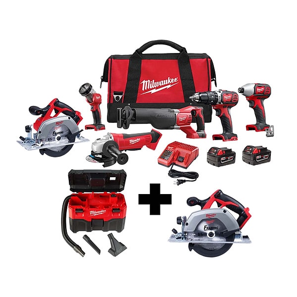 Milwaukee Tool Combo Kit (8 Tools), Vacuum and Circular Saw, 18 V, Includes Batteries (3.0Ah) - 2696-26, 0880-20, 2630-20