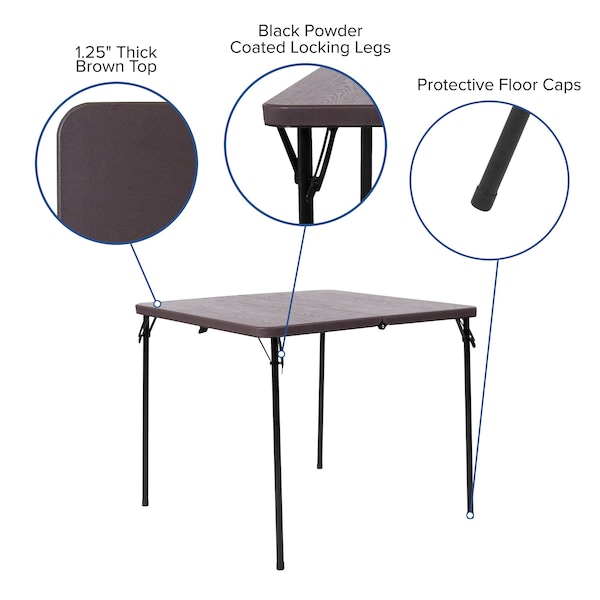 Flash Furniture Square Folding Table, 34" W, 34" L, 28.5" H, Plastic Top, Brown - DAD-LF-86-GG