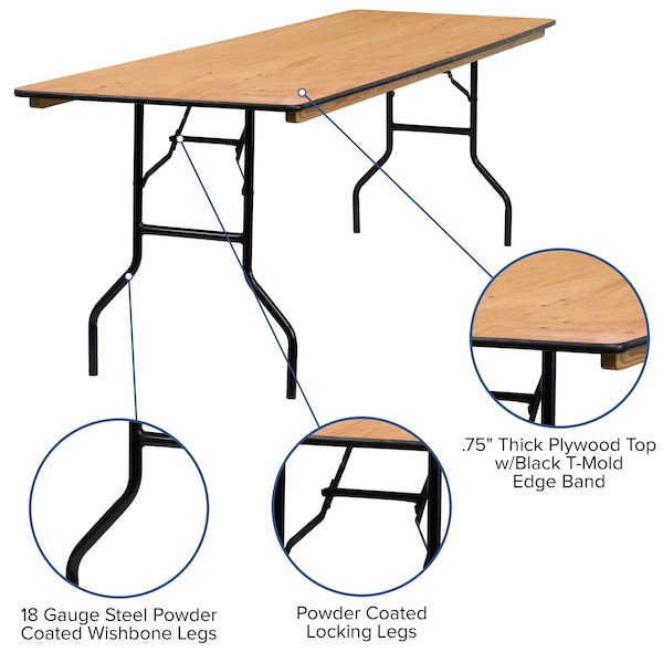 Flash Furniture Rectangle Folding Table, 30" W, 96" L, 30.25" H, Wood Top, Wood Grain - YT-WTFT30X96-TBL-GG