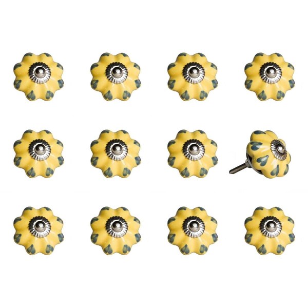 Homeroots Yellow & Green Ceramic, Metal Knob - 1.5 x 1.5 x 1.5 in., 12PK - 358124