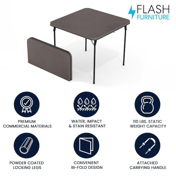 Flash Furniture Square Folding Table, 34" W, 34" L, 28.5" H, Plastic Top, Grey - DAD-LF-86-DG-GG