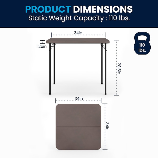 Flash Furniture Square Folding Table, 34" W, 34" L, 28.5" H, Plastic Top, Grey - DAD-LF-86-DG-GG