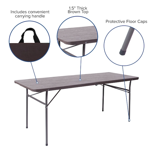 Flash Furniture Rectangle Folding Table, 30" W, 72" L, 29" H, Plastic Top, Brown - DAD-LF-183Z-GG