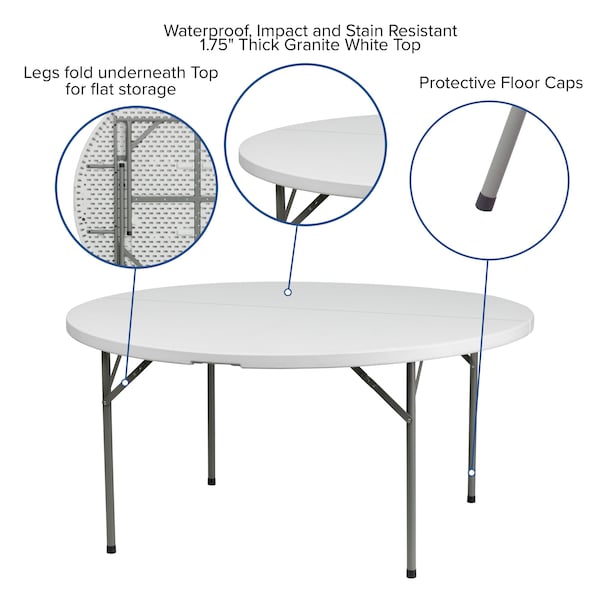 Flash Furniture Round Wh 60Rnd Plastic Fold Table, 60" W, 60" L, 29" H, Plastic Top, White - DAD-YCZ-154-GW-GG