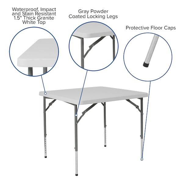 Flash Furniture Square Folding Table, Plastc, 34'' Sqr, Adj, Wht, 33.5" W, 33.5" L, 29" H, Plastic Top, White - RB-3434ADJ-GG