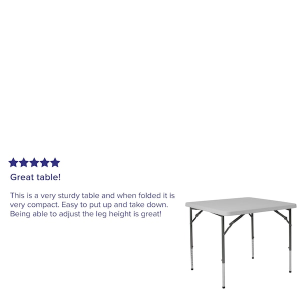 Flash Furniture Square Folding Table, Plastc, 34'' Sqr, Adj, Wht, 33.5" W, 33.5" L, 29" H, Plastic Top, White - RB-3434ADJ-GG