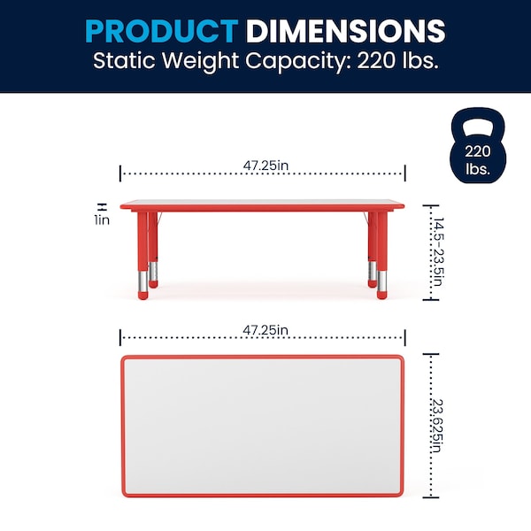 Flash Furniture Rectangle Activity Table, 23.625 W, 47.25 L, 23.5 H, Plastic, Steel, Red - YU-YCY-060-RECT-TBL-RED-GG