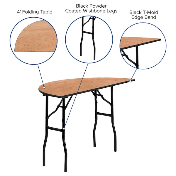 Flash Furniture Half Round Folding Table, 48" W, 24" L, 30.25" H, Wood Top, Wood Grain - YT-WHRFT48-HF-GG