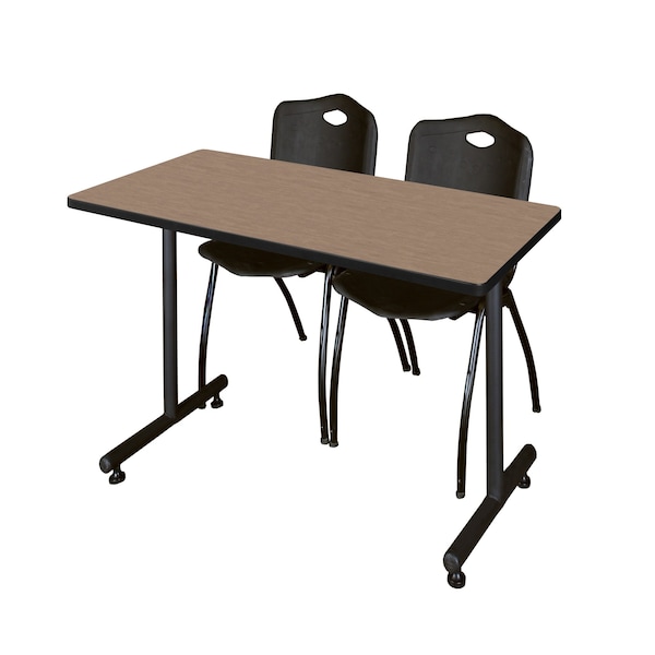 Regency Kobe T-Base Training Seminar Table W/ 2 M Stack Chairs, 48 in W, 24 in L, Noble Oak - MKTRCT4824NO47BK