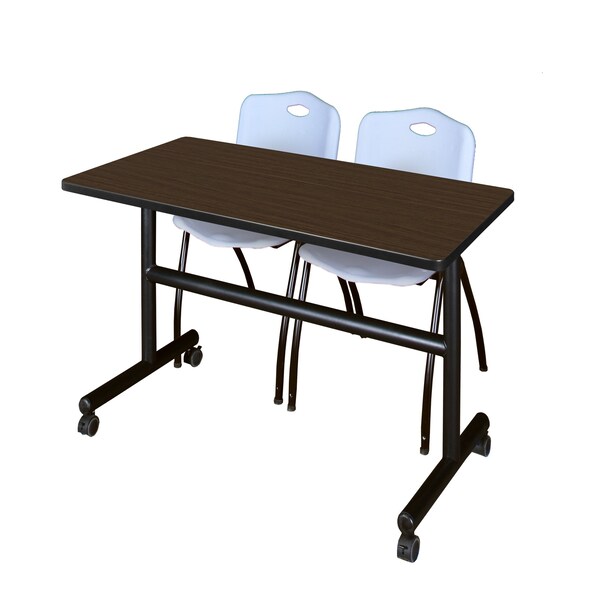 Regency Kobe Flip-Top Training Nesting Table W/ 2 M Stack Chairs, 48 in W, 30 in L, Neo Walnut - MKFT4830NW47GY