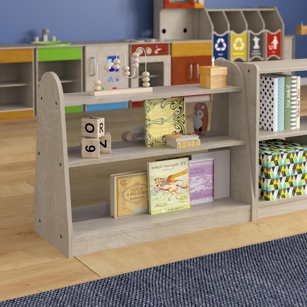 Flash Furniture Bright Beginnings Commercial 3-Shelf, 2-Sided Wooden Classroom Storage Unit w/Clear Divider, Natural - MK-KE19233-GG