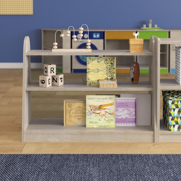 Flash Furniture Bright Beginnings Commercial 3-Shelf, 2-Sided Wooden Classroom Storage Unit w/Clear Divider, Natural - MK-KE19233-GG