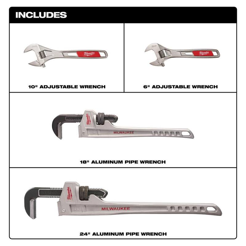 Llave de tubo de aluminio de 24 pulgadas Milwaukee, llave de tubo de aluminio de 18 pulgadas, juego de llaves ajustables de 6 pulgadas y 10 pulgadas - 48-22-7218-48-22-7224-48-22-7400