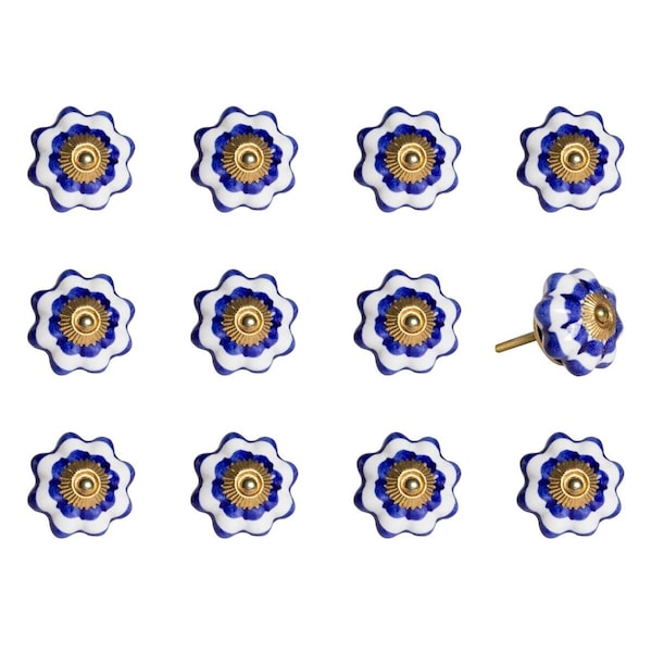 Homeroots K000014 Knob It - White Blue & Gold - Pack of 12, 12PK - 321666