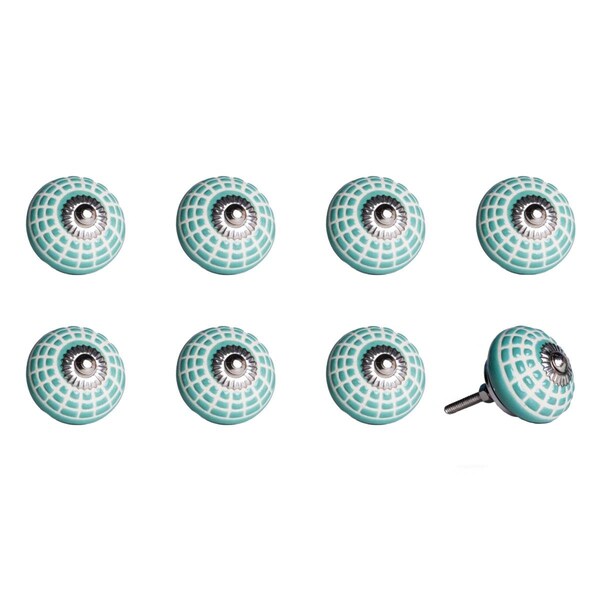 Homeroots 1.5 x 1.5 x 1.5 in. Ceramic, Metal Turquiose & White Knob, 8PK - 358111