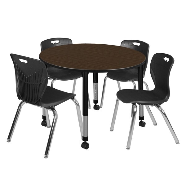 Regency Round Kee Mobile Adjustable Classroom Table W/ 4 Andy Chairs, 48 in W, 48 in L, Neo Walnut - TB48RNDNWAPCBK40BK