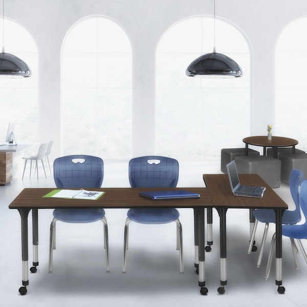 Regency Kee Mobile Adjustable Classroom Table W/ 2 Andy Stack Chairs, 72 in W, 24 in L, Neo Walnut - MT7224NWAPCBK40NV