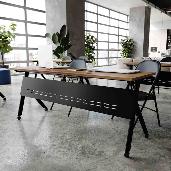 Flash Furniture Davis 72in. x 24in. HD Nesting Table w/Y-Legs, Modesty Panel, 1in. Thick Walnut Tabletop, Blk Frame - MT-M7224-Y-LEG-WLNBLK-GG