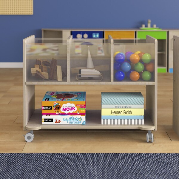 Flash Furniture Bright Beginnings Commercial Double Sided Space Saving Wooden Mobile Storage Cart - Locking Caster Wheels, 6 Clear Storage Bins, Lower Shelf, Natural - MK-KE24275-GG
