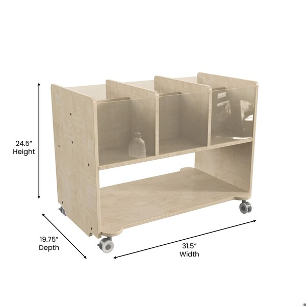 Flash Furniture Bright Beginnings Commercial Double Sided Space Saving Wooden Mobile Storage Cart - Locking Caster Wheels, 6 Clear Storage Bins, Lower Shelf, Natural - MK-KE24275-GG