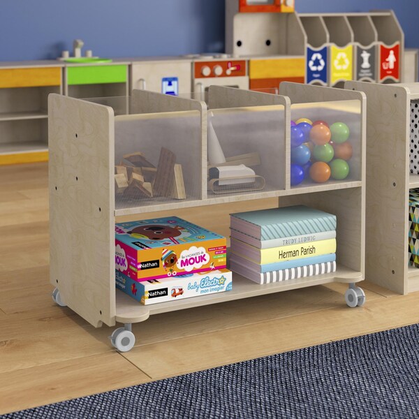 Flash Furniture Bright Beginnings Commercial Double Sided Space Saving Wooden Mobile Storage Cart - Locking Caster Wheels, 6 Clear Storage Bins, Lower Shelf, Natural - MK-KE24275-GG