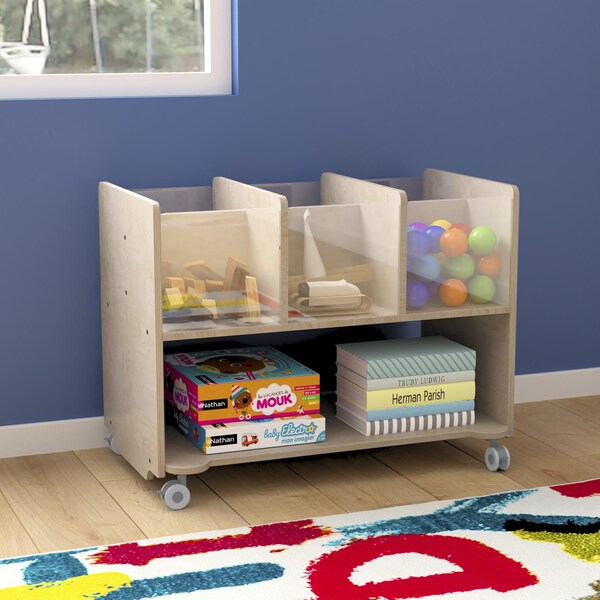 Flash Furniture Bright Beginnings Commercial Double Sided Space Saving Wooden Mobile Storage Cart - Locking Caster Wheels, 6 Clear Storage Bins, Lower Shelf, Natural - MK-KE24275-GG