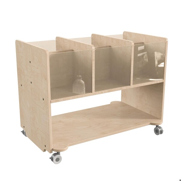 Flash Furniture Bright Beginnings Commercial Double Sided Space Saving Wooden Mobile Storage Cart - Locking Caster Wheels, 6 Clear Storage Bins, Lower Shelf, Natural - MK-KE24275-GG