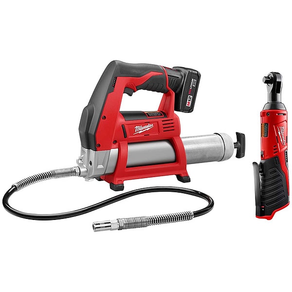 Milwaukee Tool M12 Grease Gun Kit + M12 3/8" Ratchet - 2446-21XC, 2457-20