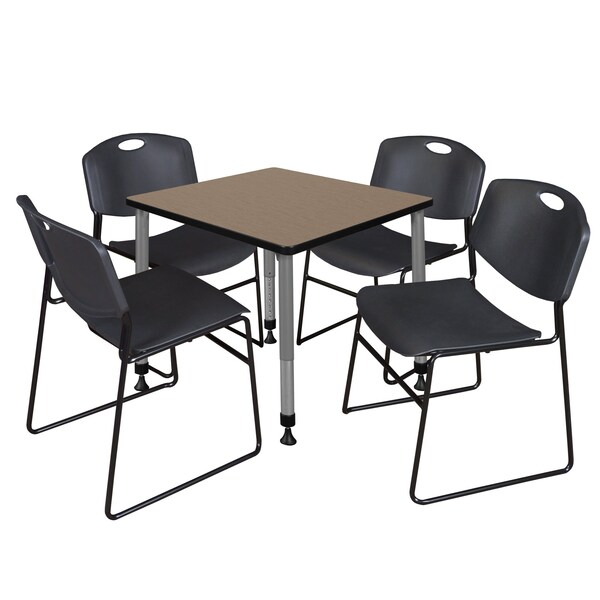 Regency Square Kee Adjustable Classroom Table W/ 4 Zeng Stack Chairs, 30 in W, 30 in L, Noble Oak - TB3030NOAPGY44BK