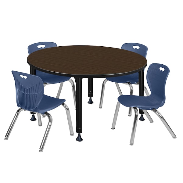 Regency Round Kee Adjustable Classroom Table W/ 4 Andy Stack Chairs, 48 in W, 48 in L, Neo Walnut - TB48RNDNWAPBK45NV