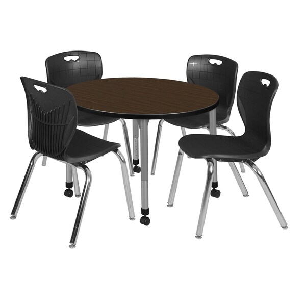 Regency Round Kee Mobile Adjustable Classroom Table W/ 4 Andy Chairs, 36 in W, 36 in L, Neo Walnut - TB36RNDNWAPCGY40BK